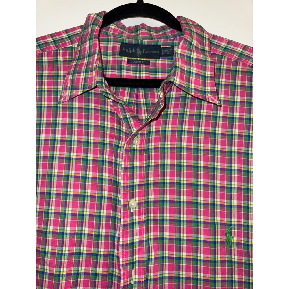 Ralph Lauren Mens 2XLT Tall Classic Fit Plaid Button Down Shirt Pink Green Blue
